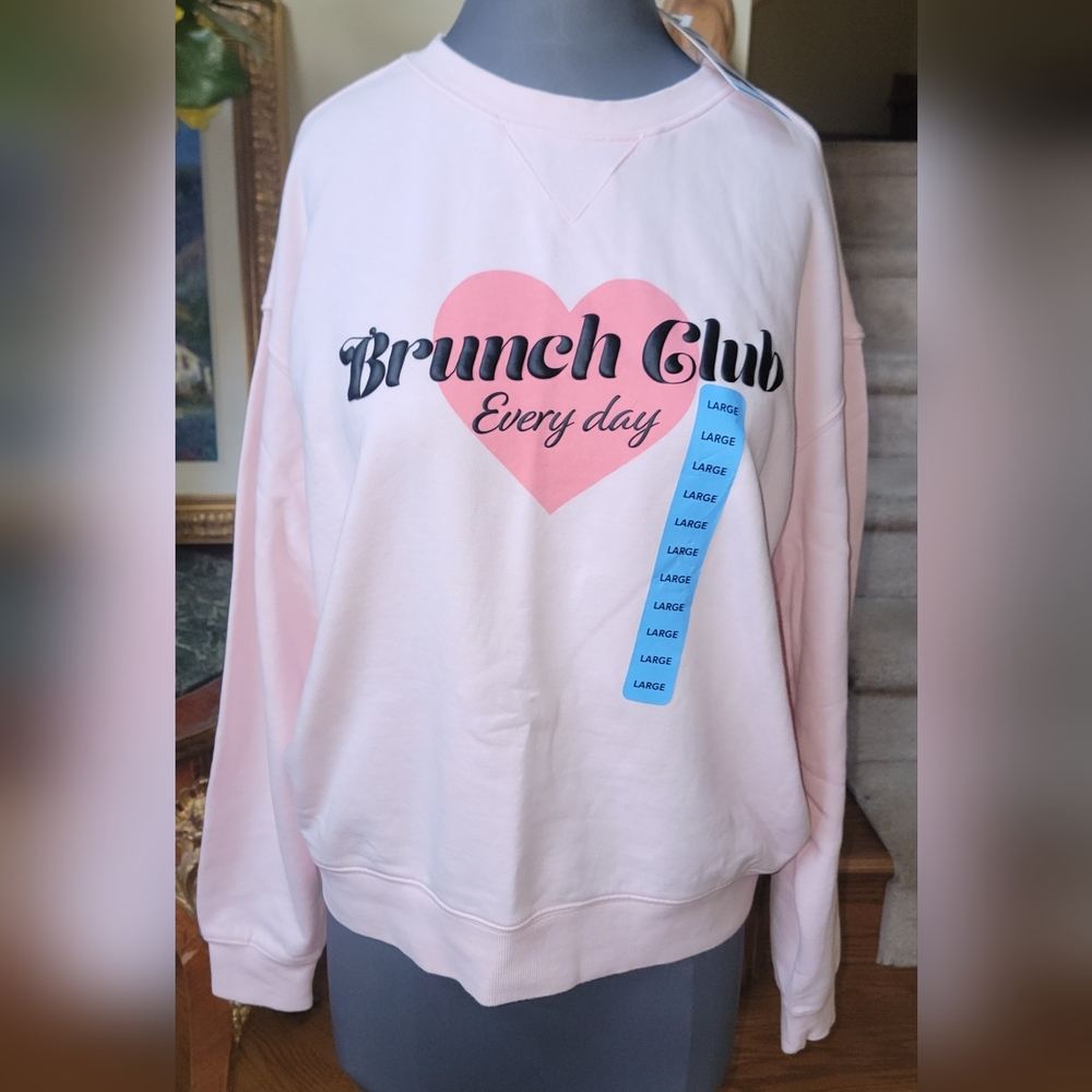 NWT WILDFOX BRUNCH CLUB PINK LONG SLEEVE SWEATSHIRT HEART LOGO 100% COTTON LARGE
